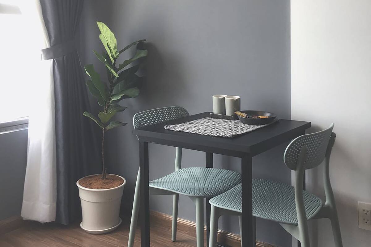 A small dining area with a table and two chairs, a potted plant, and a window with curtains.
