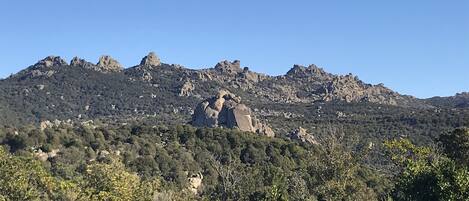 Un paisaje montañoso con afloramientos rocosos y un bosque denso.