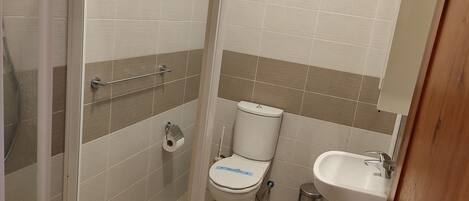 Un baño con inodoro, lavabo y ducha.