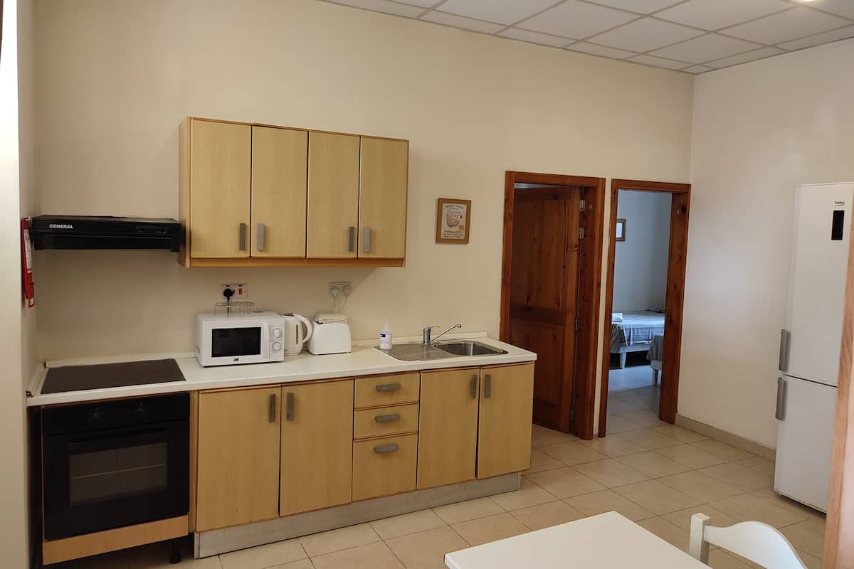 Una cocina compacta con armarios de madera, microondas, tostadora y pileta.