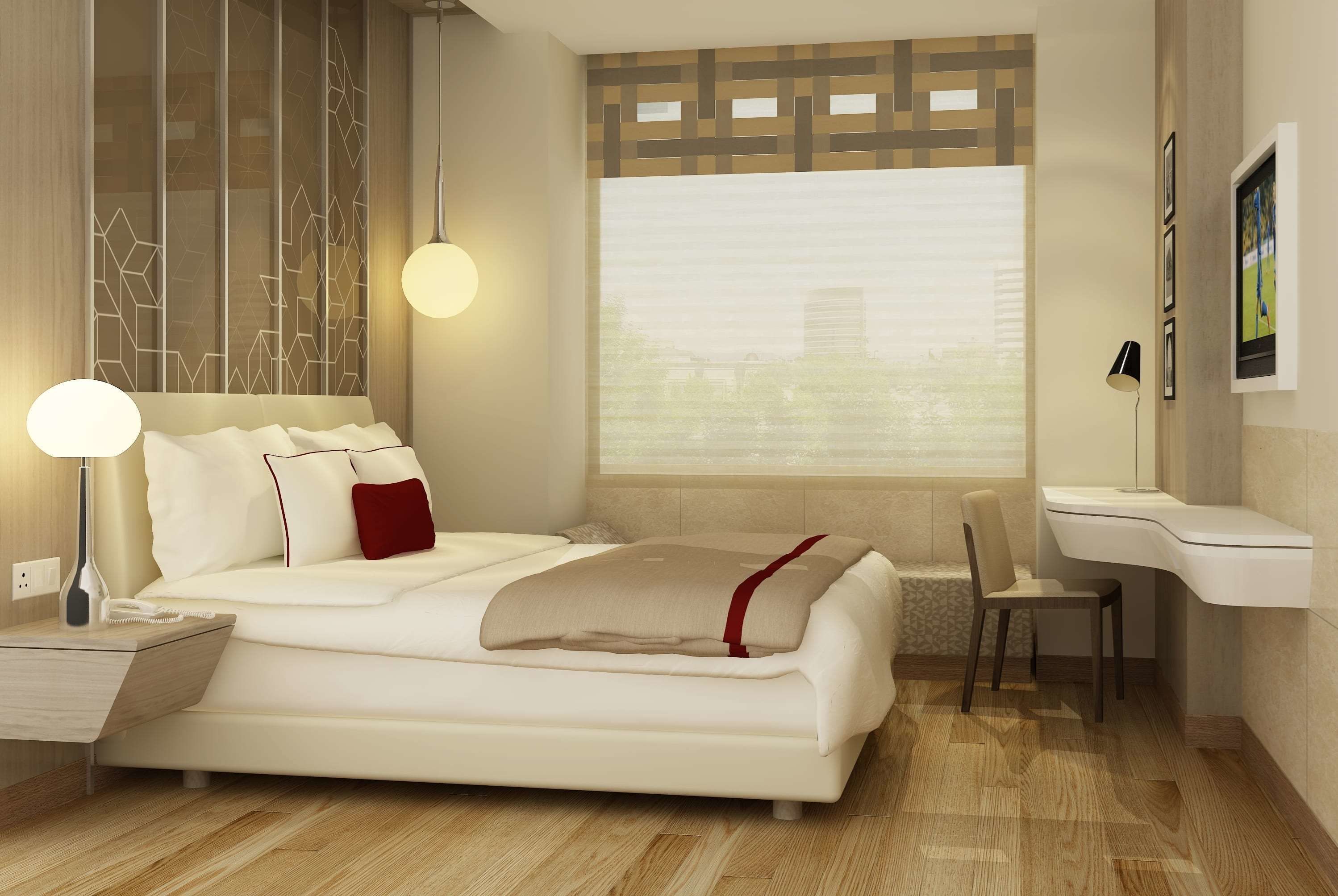 Ein modernes Hotelzimmer mit Bett, Nachttisch, Lampe, Sessel und Blick auf die Stadt durch das Fenster.