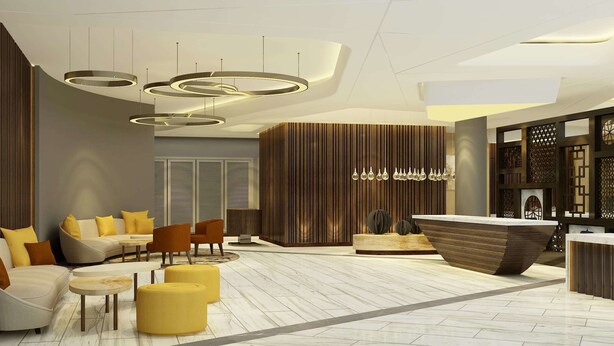 A modern lobby with a reception desk, seating area, and decorative lighting. - Days Hotel by Wyndham Jaipur Tonk Road (Jaipur)