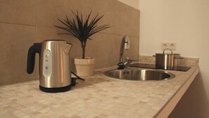 Una cocina con una tetera, un fregadero, una planta y una olla sobre la encimera.