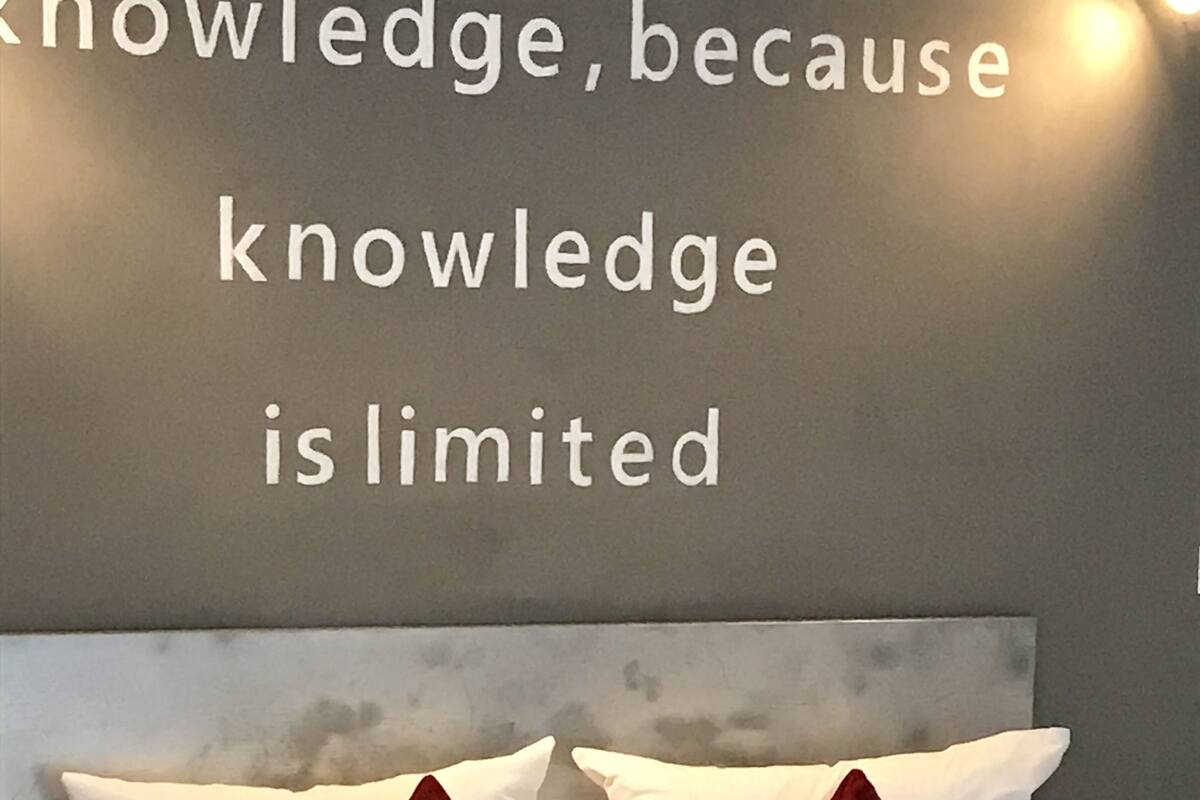 En snyggt bäddad säng med vita och röda kuddar, en grå sänggavel och ett inspirerande citat på väggen.
