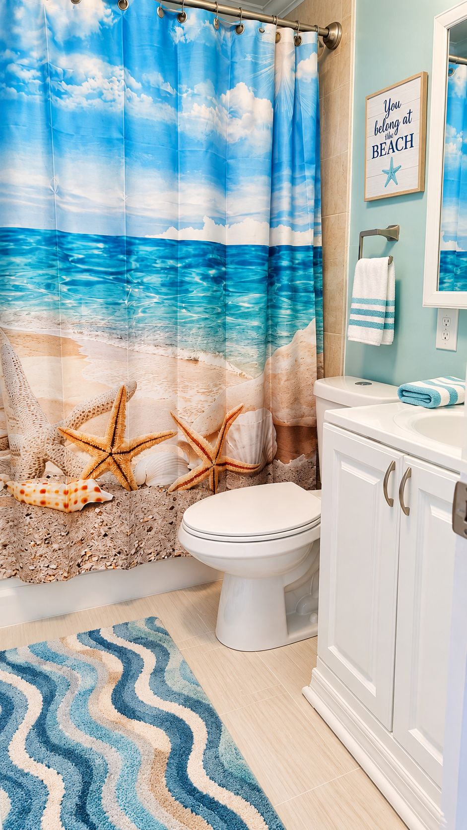 Un baño con cortina de ducha con motivos playeros, inodoro, lavabo con toalla y decoración de estrella de mar.