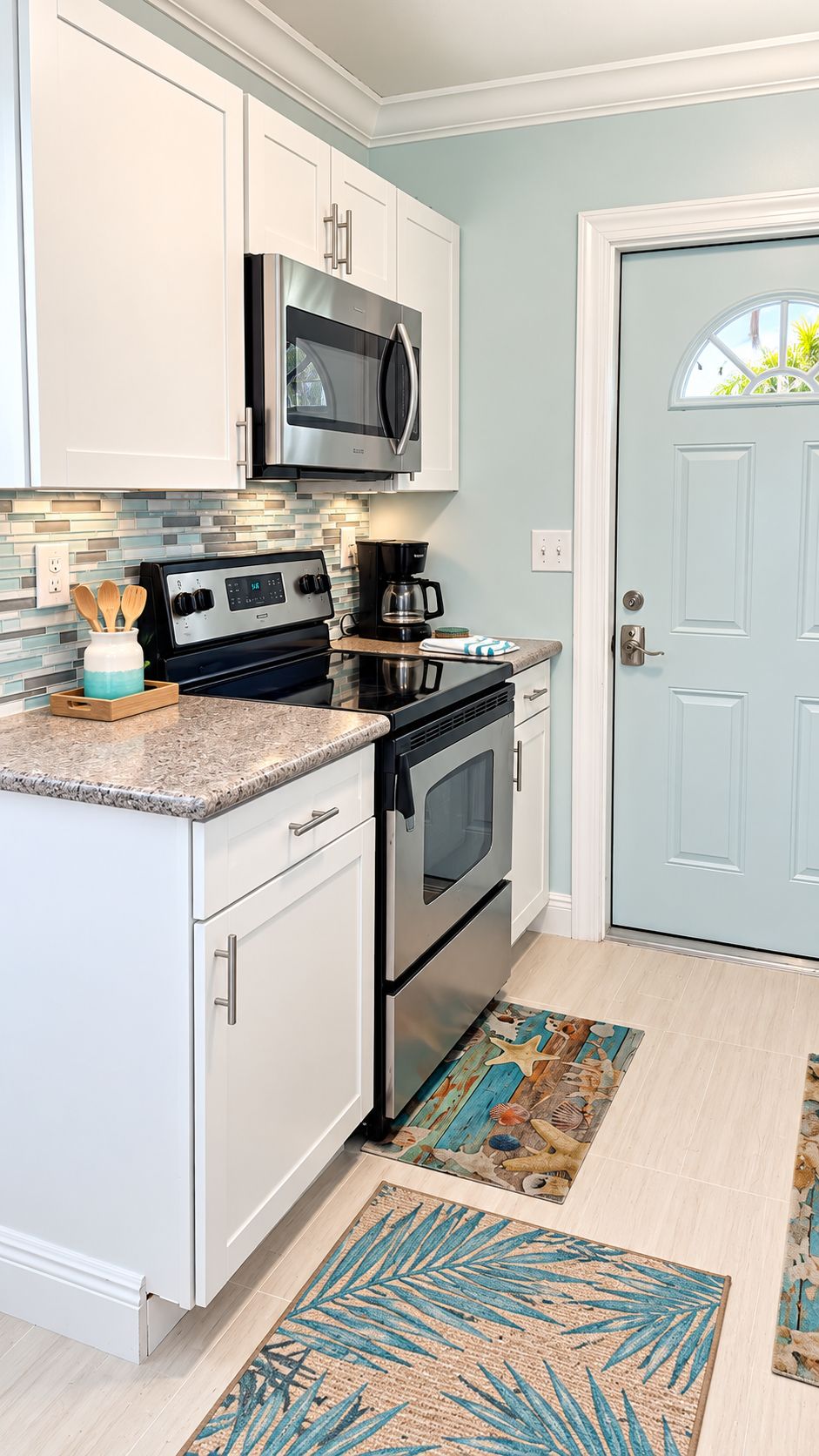 A kitchen with white cabinets, a stainless steel stove, a microwave, and a coffee maker.