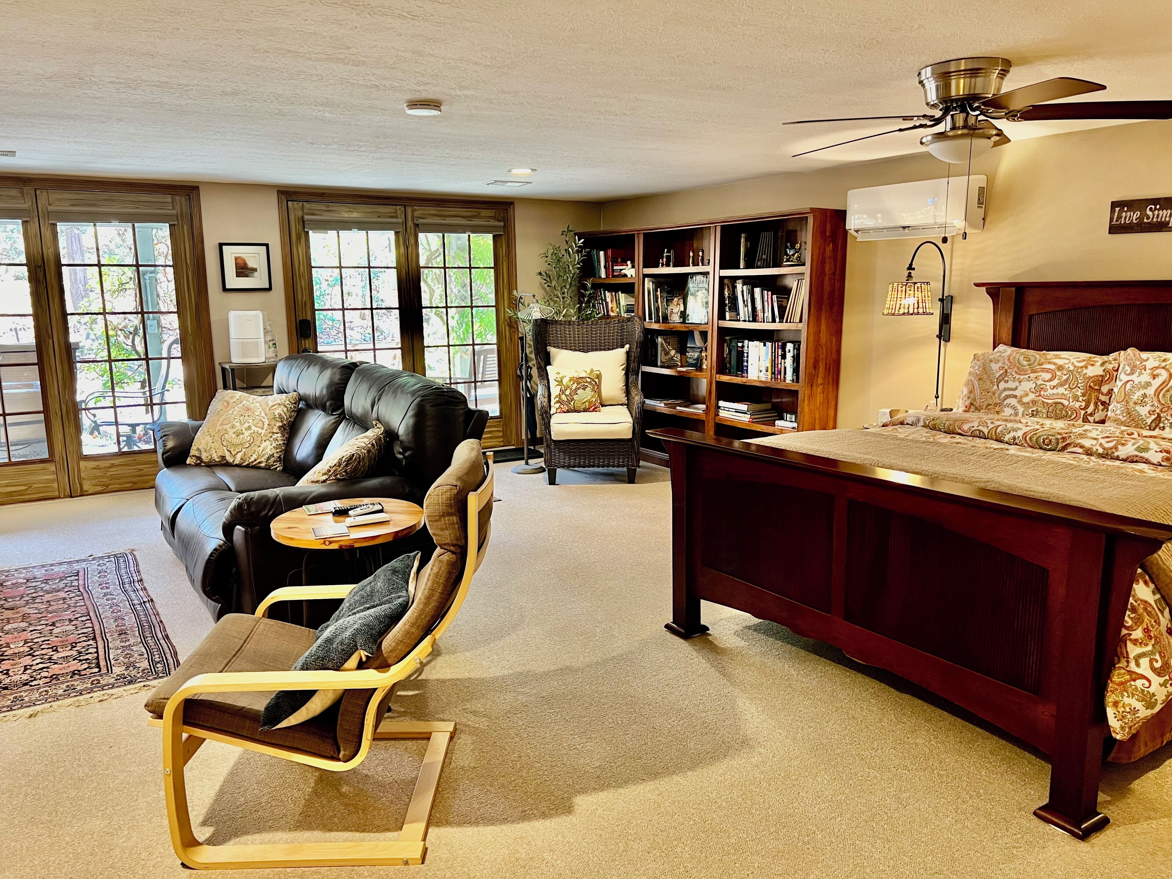 Smart TV, fireplace, table football, books