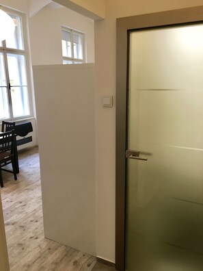 A room with a wooden floor, a door with a handle, a light switch, and a window with blinds. - Hybernska (Prague)