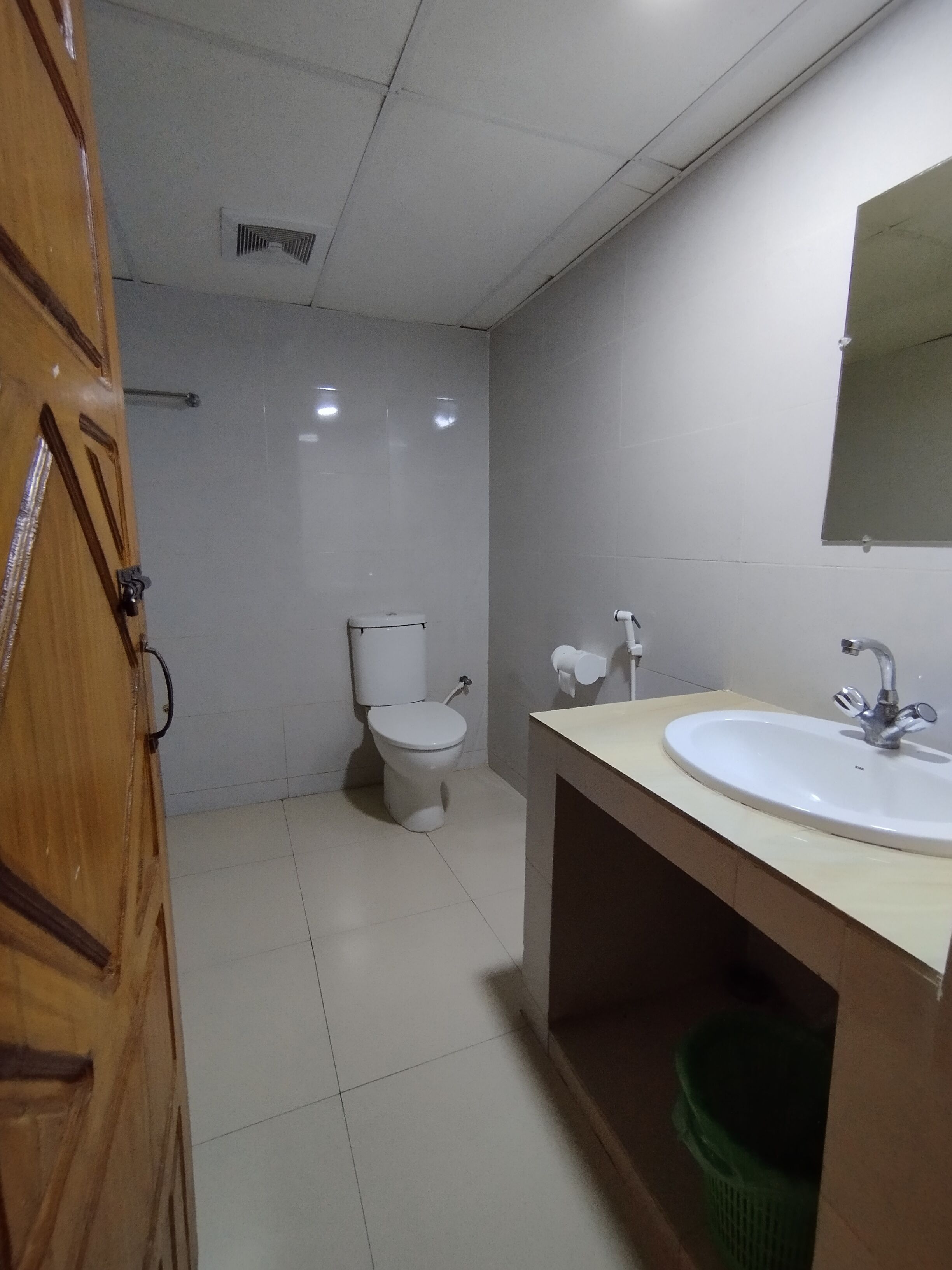 A bathroom with a toilet, sink, and mirror.