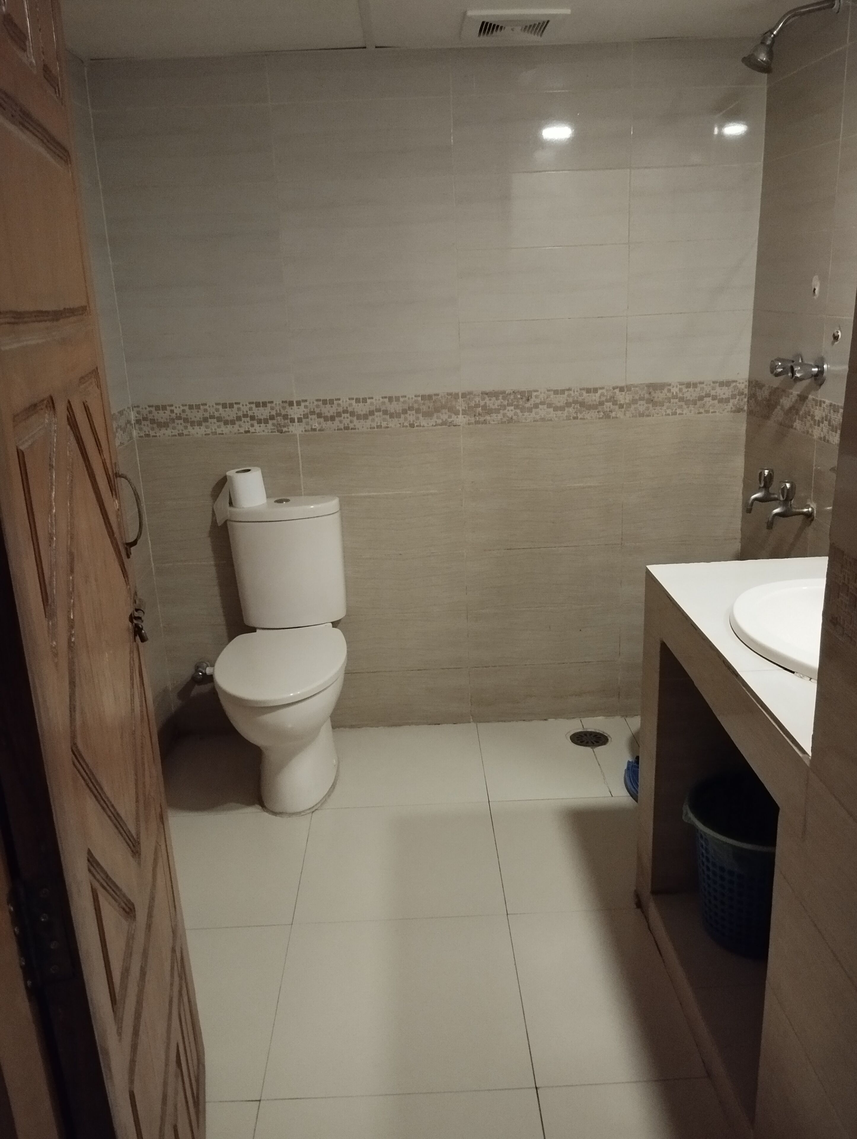 A bathroom with a toilet, sink, and shower.