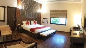 A hotel room with a large bed, a sitting area with a chair, a desk, a television, and a window with a view. - Shani Vilas - Ranthambore (Sawai Madhopur)