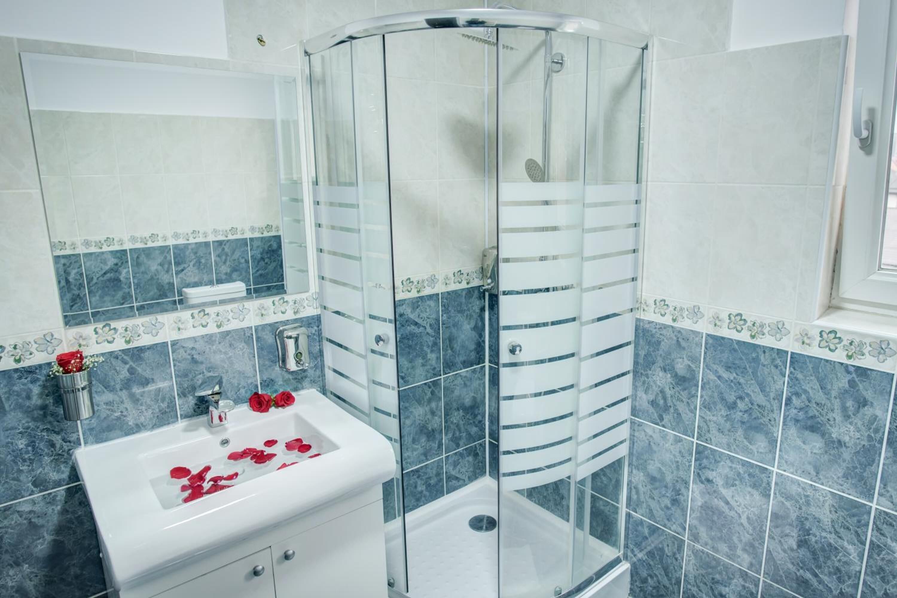 Shower, free toiletries, hair dryer, towels