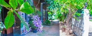 A garden pathway with potted plants and a fence.
