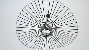 A circular ceiling design with radial lines converging towards a central point.