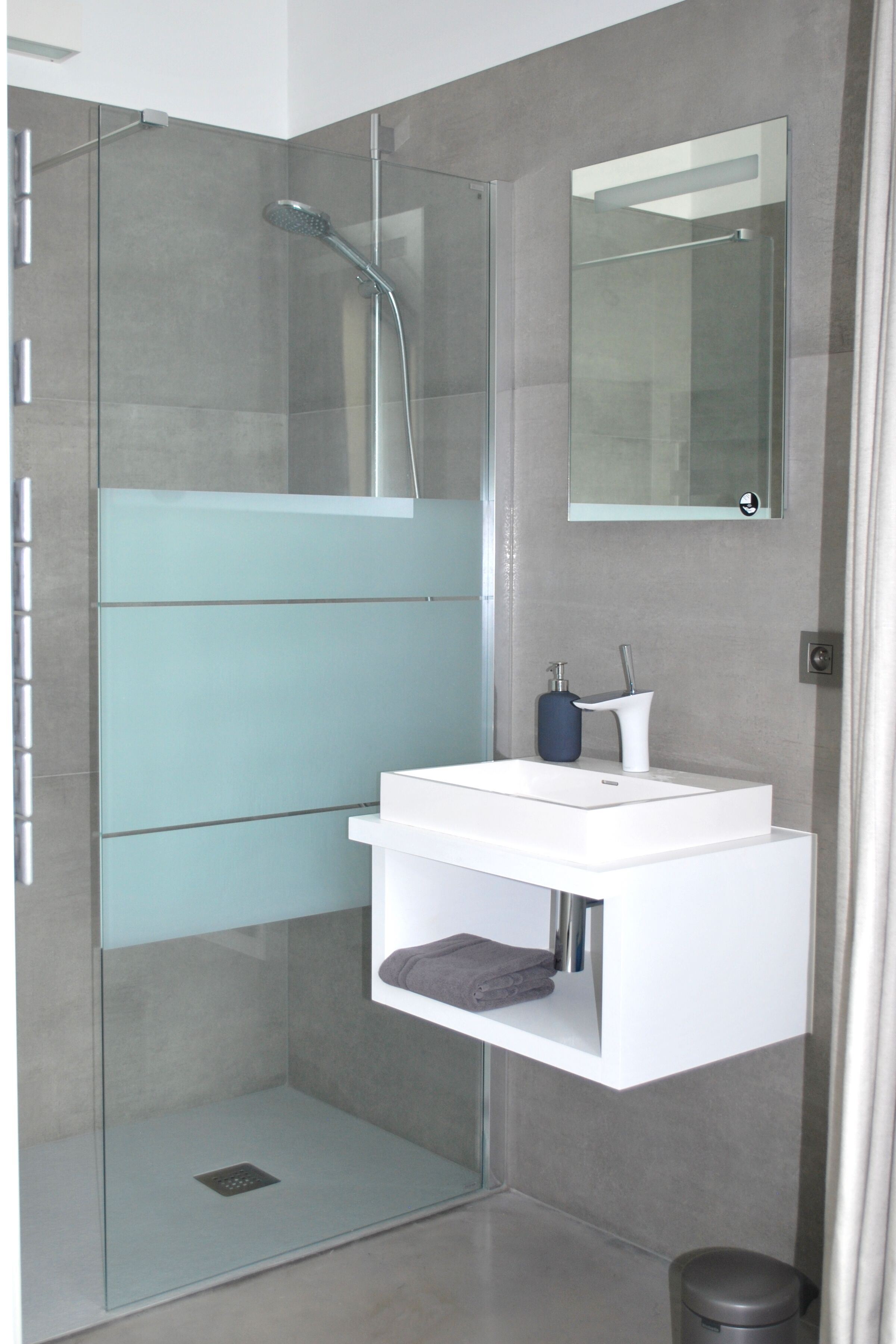 Un baño moderno con ducha de vidrio, un lavabo blanco con dispensador de jabón y un espejo sobre el lavabo.