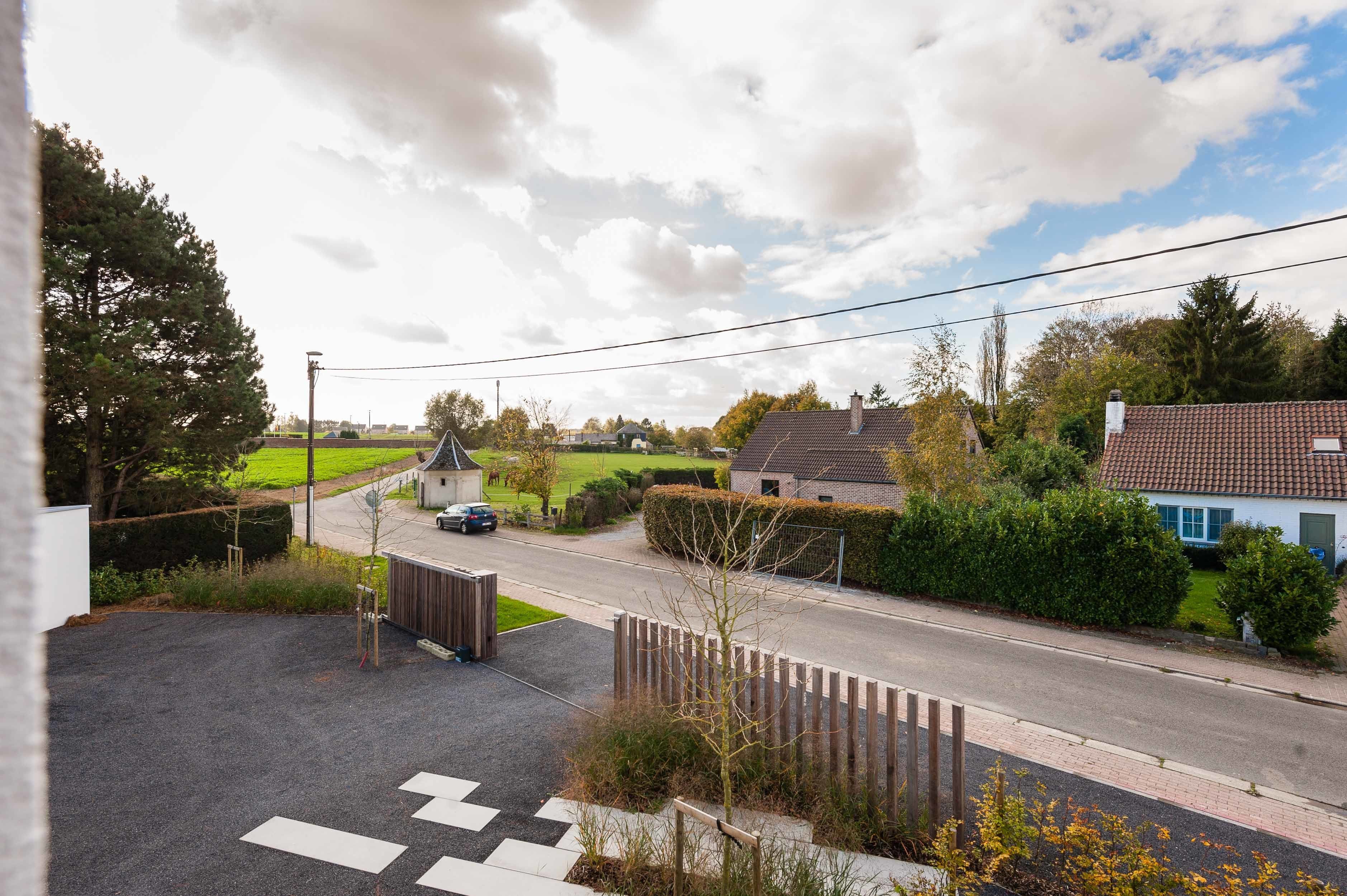 A residential street with houses, a road, and a grassy area.