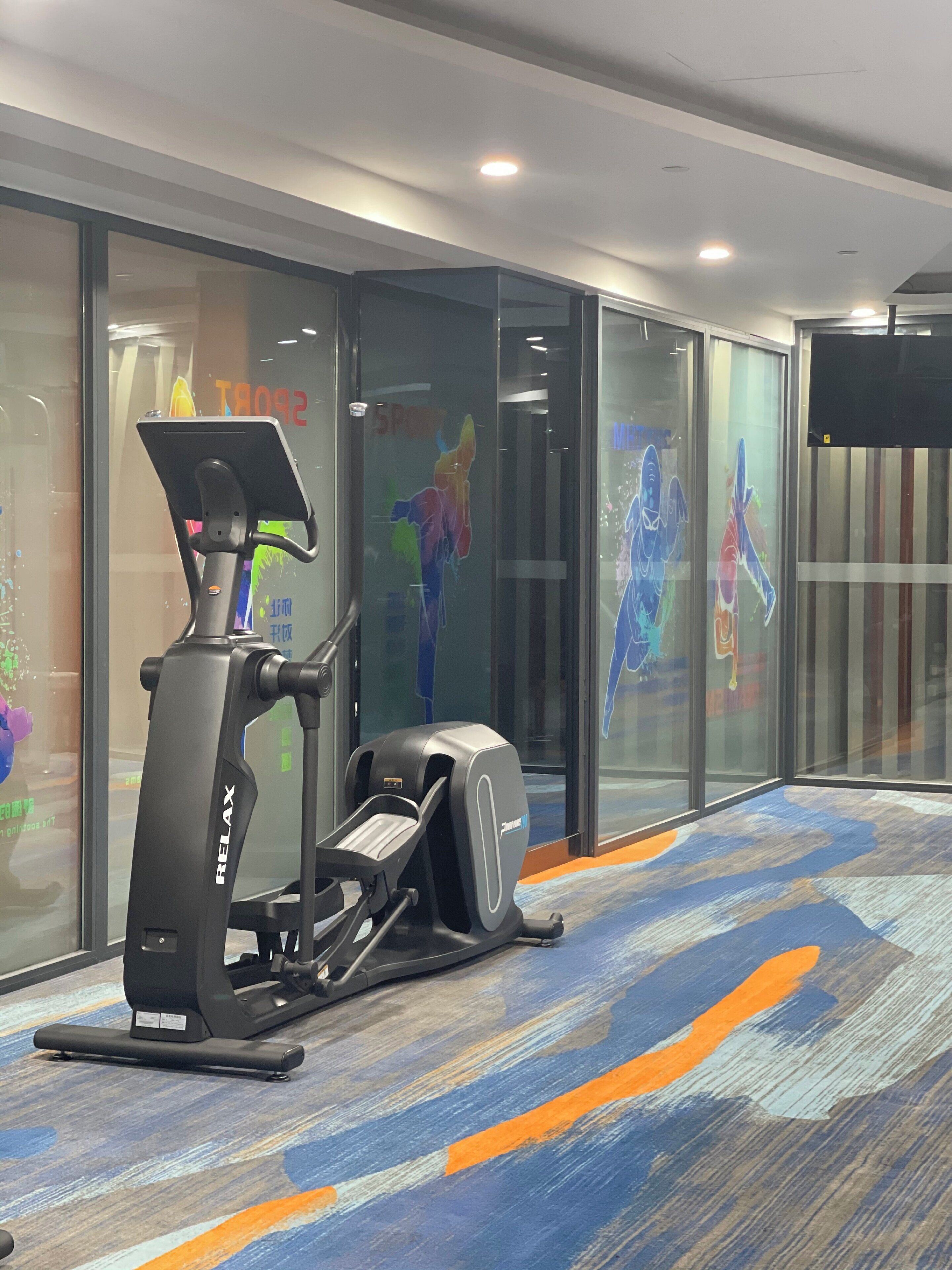 Ein Fitnessbereich mit Crosstrainer und Ergometer, Glaswänden mit farbenfroher Kunst und einem gemusterten Teppich.