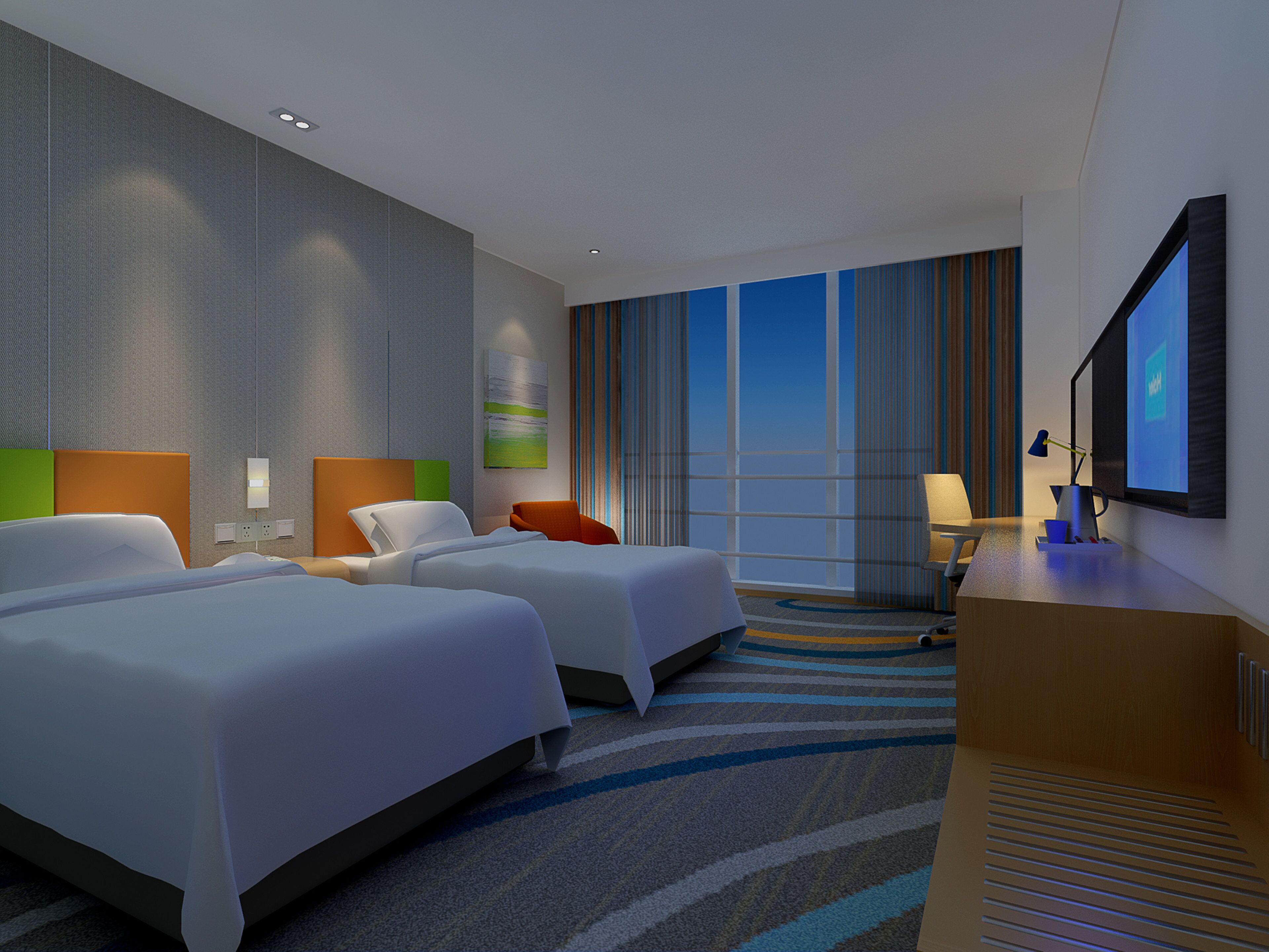 A hotel room with two beds, a desk, a TV, and a large window with curtains.