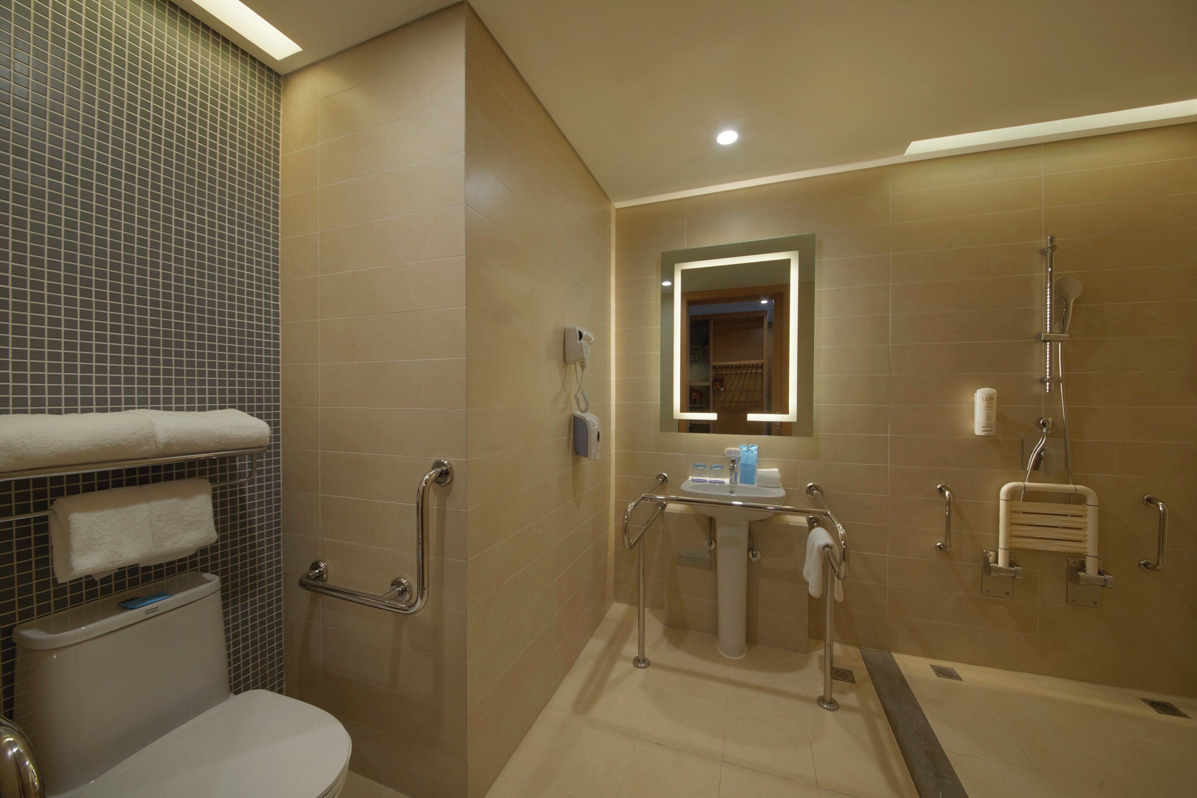 Une salle de bain avec des toilettes, un lavabo et une douche.