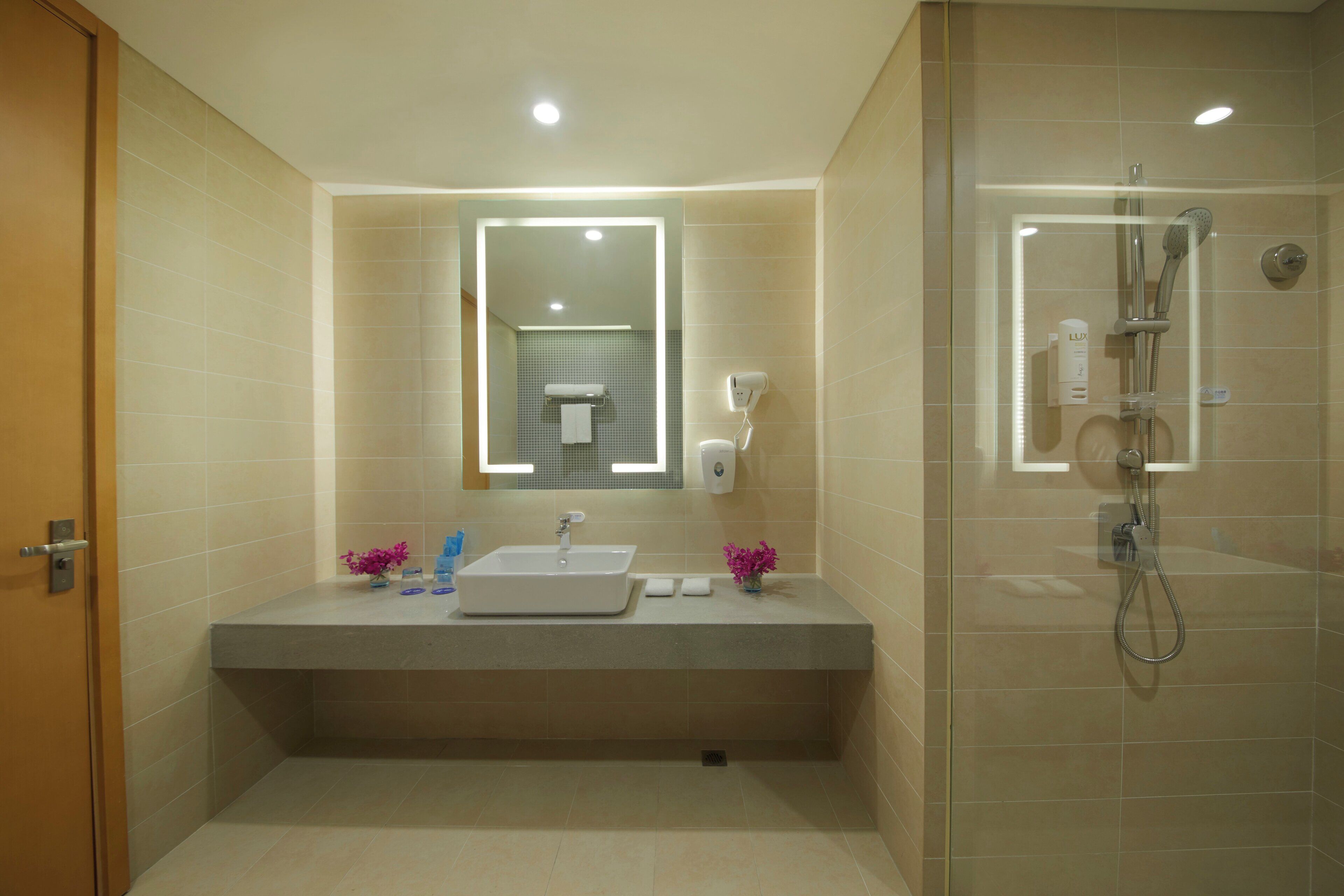 Une salle de bain moderne avec un grand lavabo, un miroir et une douche à parois de verre.