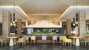 A modern restaurant with a central bar area, multiple seating options including bar stools and tables, and a ceiling design with vertical wooden slats. - Wyndham Guilin Pingle (Guilin)