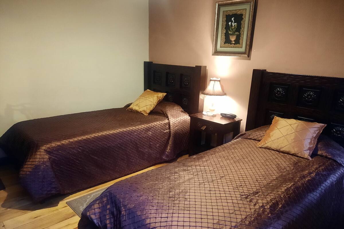Dos camas individuales con cabeceras, una mesita de noche con lámpara, y un cuadro en la pared.