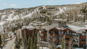 A lodge with multiple buildings, surrounded by snow-covered trees and a ski slope in the background.