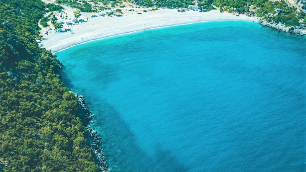Eine Luftaufnahme einer Küstenlandschaft mit Strand, dichter Vegetation und felsigem Gelände.