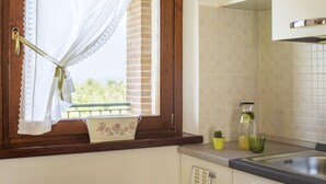 A kitchen with a window, a sink, and a small potted plant on the counter.