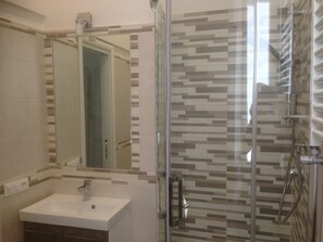 Shower, hair dryer, bidet, towels