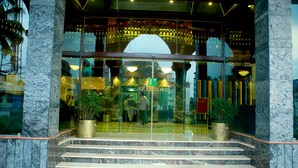 L’entrée d’un hôtel, avec des marches en marbre, des portes en verre et des plantes en pot.
