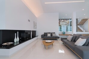 Flat-screen TV, fireplace