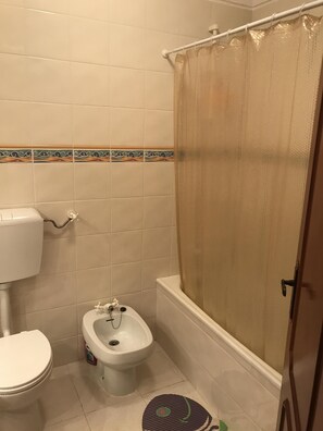 Tina con regadera, secadora de cabello, bidet, toallas 