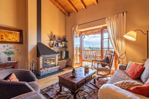 Télévision, cheminée, livres