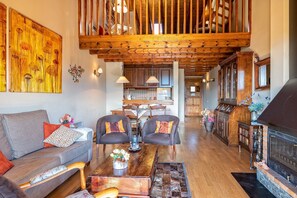 TV, fireplace, books