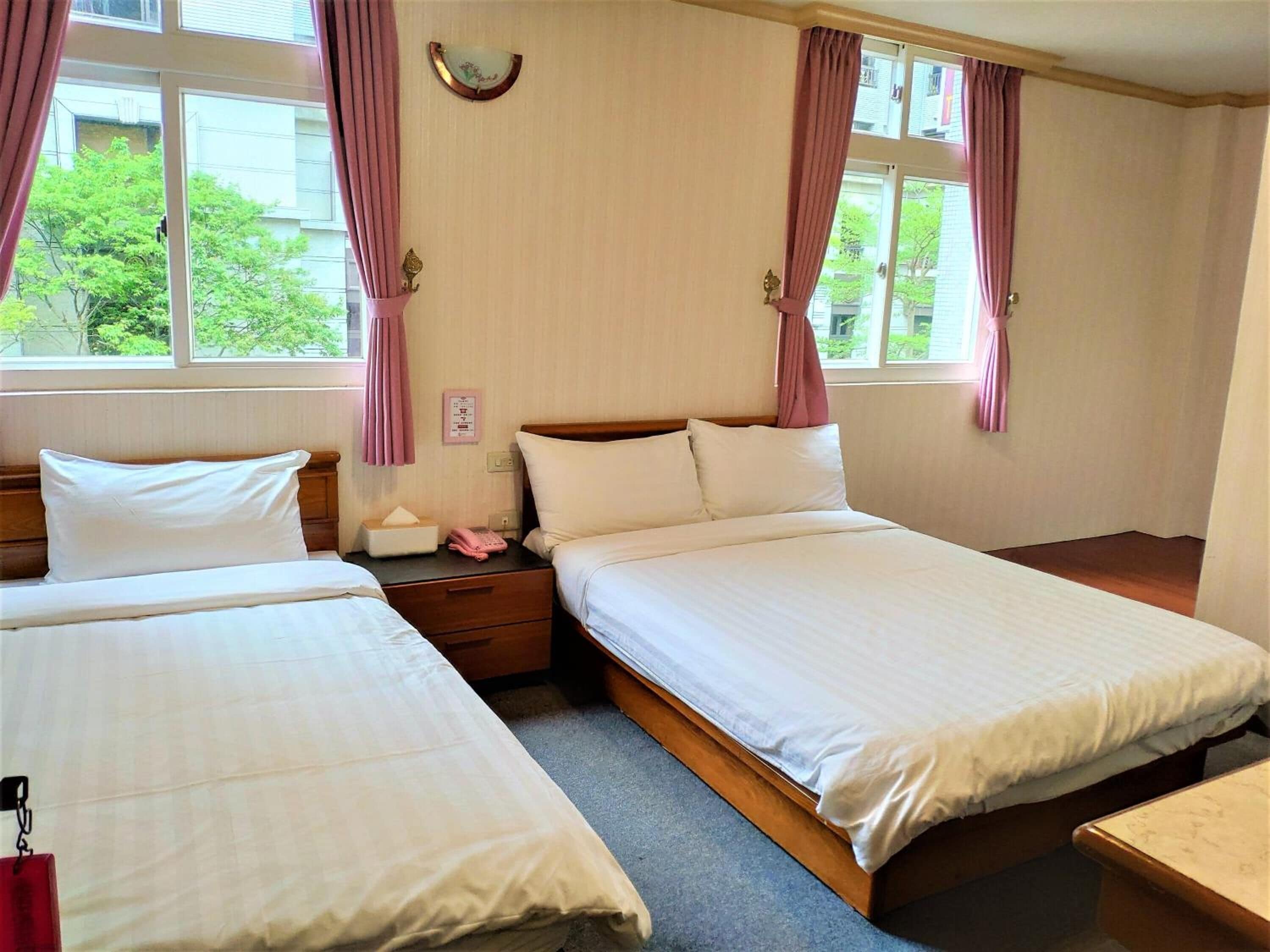 desk, laptop workspace, blackout curtains, free wifi