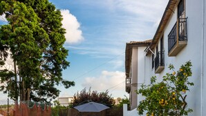 Une cour avec un mur blanc, un arbre, un petit jardin et une chaise en plastique blanche.