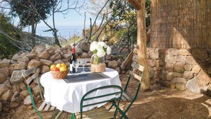 Una mesa dispuesta al aire libre con una botella, vasos, una cesta de fruta y un florero.
