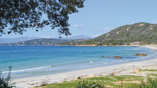 Una playa costera con agua azul cristalina, orilla arenosa y colinas verdes al fondo.