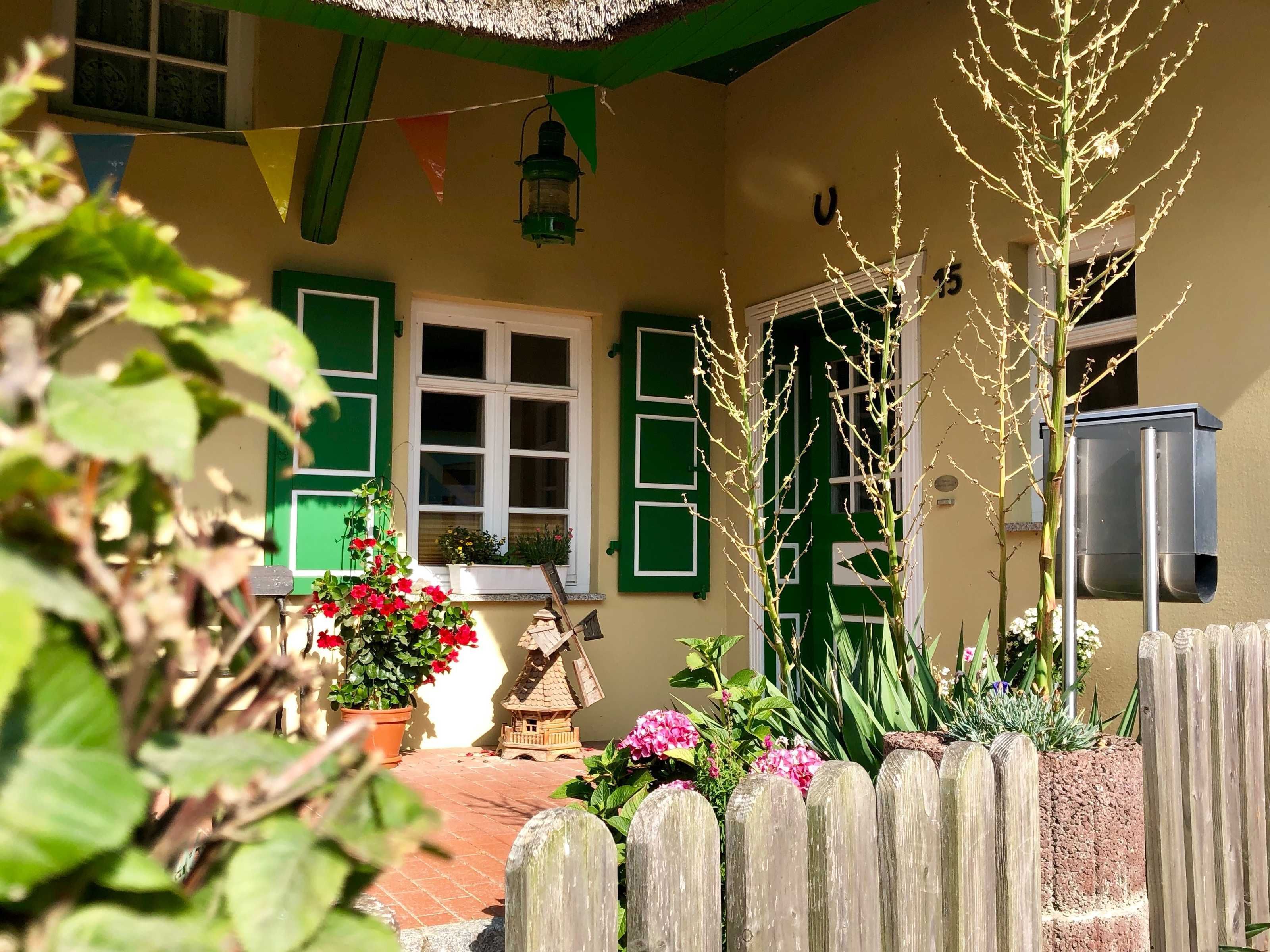 Una casa amb persianes verdes, un jardí petit ple de flors, una maqueta d'un molí de vent i una tanca de fusta.