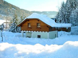 Un chalet en bois entouré d’arbres couverts de neige.