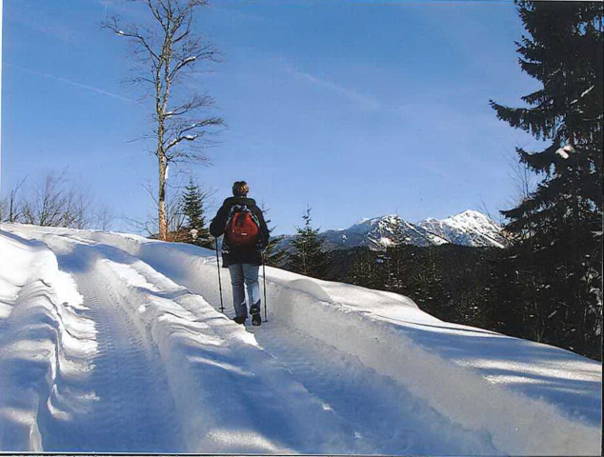 A person hiking on a snowy trail with a clear sky and mountains in the background.