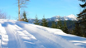 A snowy mountain landscape with a clear sky.