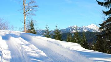 A snowy mountain landscape with a clear sky.
