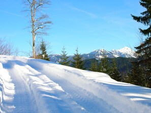 Un paysage de montagne enneigé, sous un ciel dégagé.