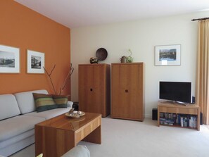 Un salon avec un canapé, une table basse, un téléviseur et une bibliothèque.