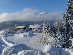 Un paysage enneigé avec des maisons et une montagne en arrière-plan.