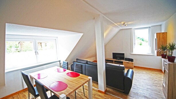 A modern apartment with a dining area, a living room with a sofa and TV, a kitchen, and large windows. - Fewo Lerbachtal - Fewo Lerbachtal R3 2-4 persons (Osterode am Harz)