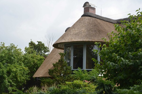 A thatched-roof house with a large window and surrounded by lush greenery. - Duck's Nest - Thatched Aspen House (Grebin)