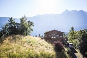 A wooden cabin on a hillside with a mountain backdrop. - Vacation apartment cat. 4 1 - Active vacation apartments Pienz-Bobnar (Sautens)